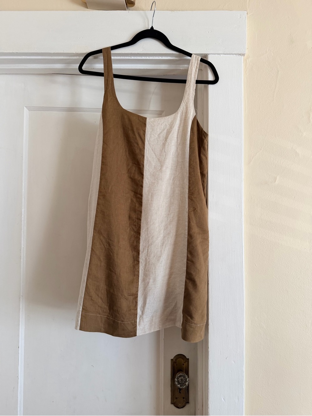 Sleeveless Two-Tone Linen Tank Dress in Brown and Cream